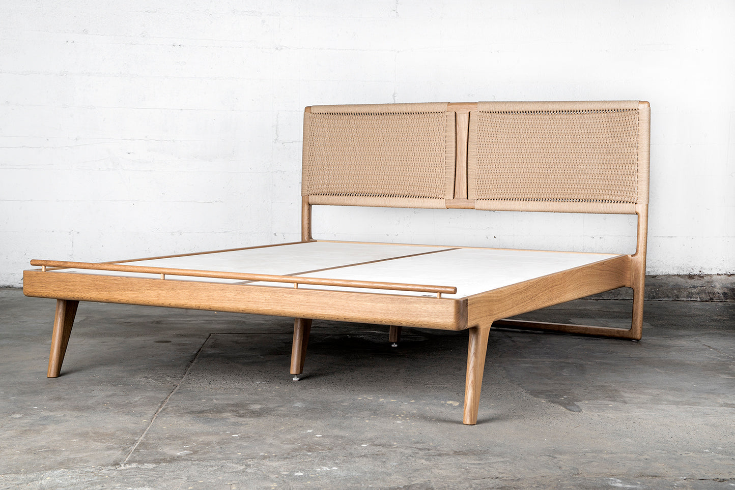 Hardwood Rian Bed, Woven Danish Cord Headboard, Mid-century Modern Designer  Bed - Semigood Design